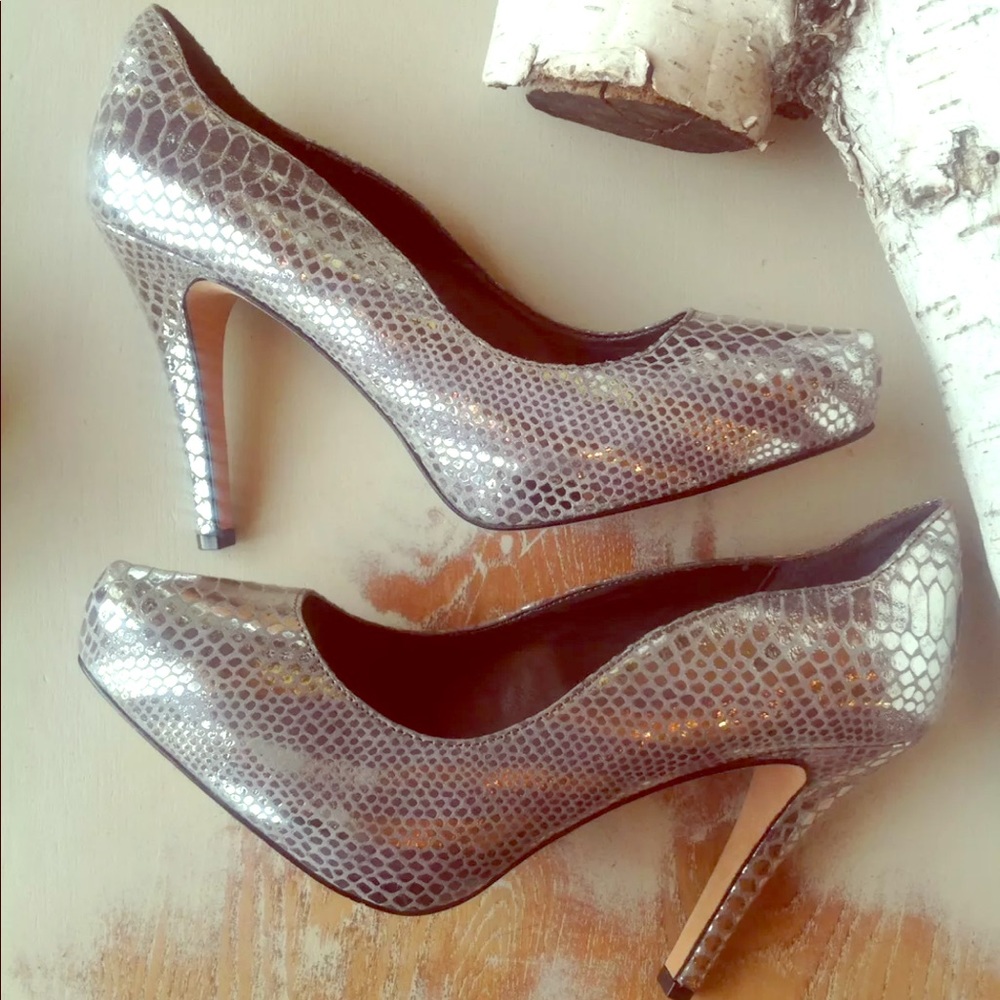 White House black market silver snakeskin heels